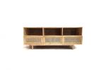 Mid-century modern console table in rubberwood with cane inserts and 3 drawers - goBoho